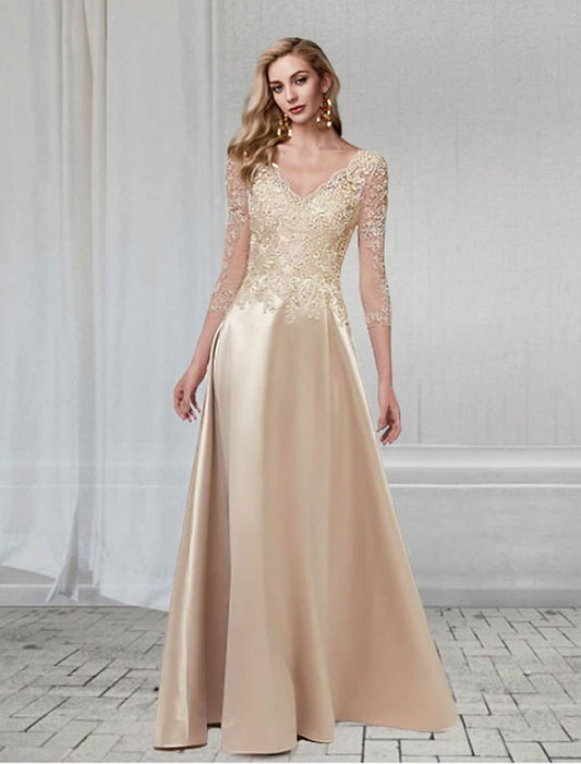 A-Line Elegant Wedding Guest Formal Evening Dress V Neck  Length Sleeve Floor Length Chiffon with Appliques