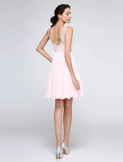A-Line Dresses Party Dress Homecoming Short Mini Sleeveless Chiffon V Back with Crystals