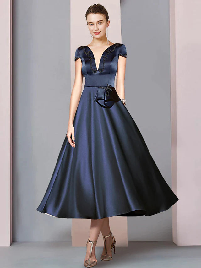 A-Line Mother of the Bride Dress Formal Church Party Elegant V Neck Tea Length Satin Short Sleeve with Beading Ruching