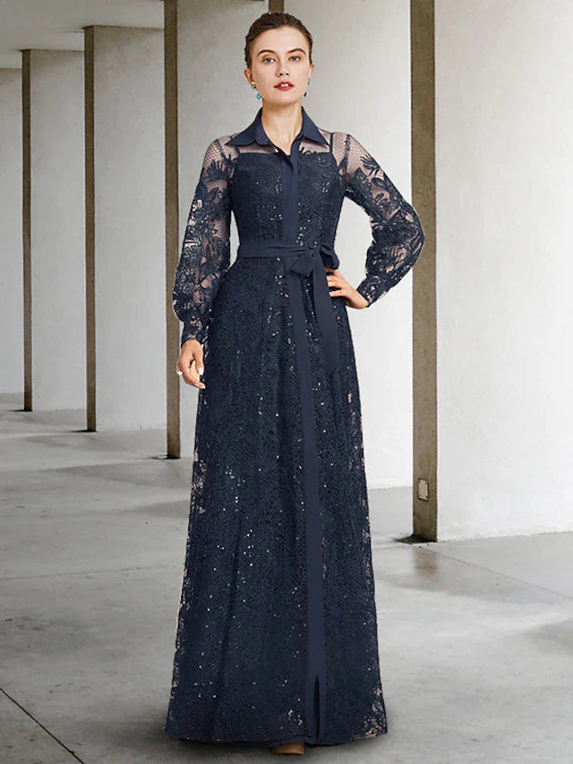 A-Line Mother of the Bride Dress Elegant Jewel Neck Floor Length Chiffon Lace Long Sleeve with Pleats Appliques