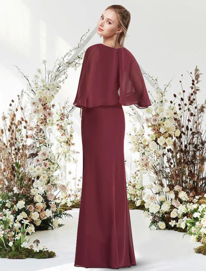 Elegant Engagement Formal Evening Dress Jewel Neck Half Sleeve Floor Length Chiffon with Sash Ribbon