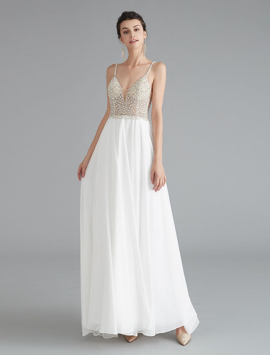 A-Line Evening Gown  Dress Engagement Floor Length Sleeveless V Neck Chiffon V Back with Beading