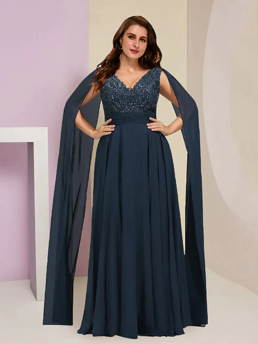 Plus Size Curve Mother of the Bride Dress Formal Party Elegant V Neck Floor Length Chiffon Lace Sleeveless with Pleats Sequin