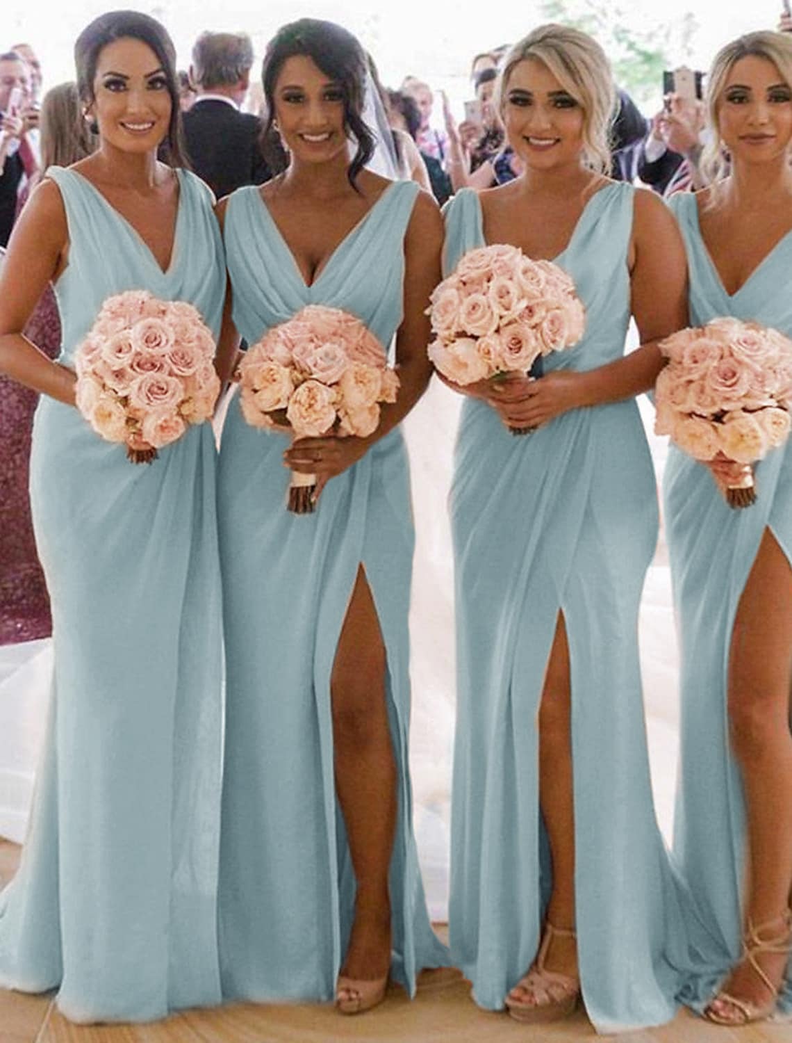 Bridesmaid Dress V Neck Sleeveless Elegant Chiffon with Pleats Split Front Ruching