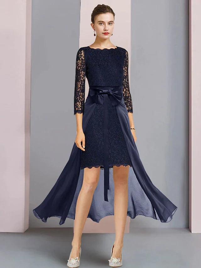 Two Piece Sheath / Column Mother of the Bride Dress Formal Wedding Guest Elegant Scoop Neck Knee Length Chiffon Lace 3/4 Length Sleeve with Bow(s)