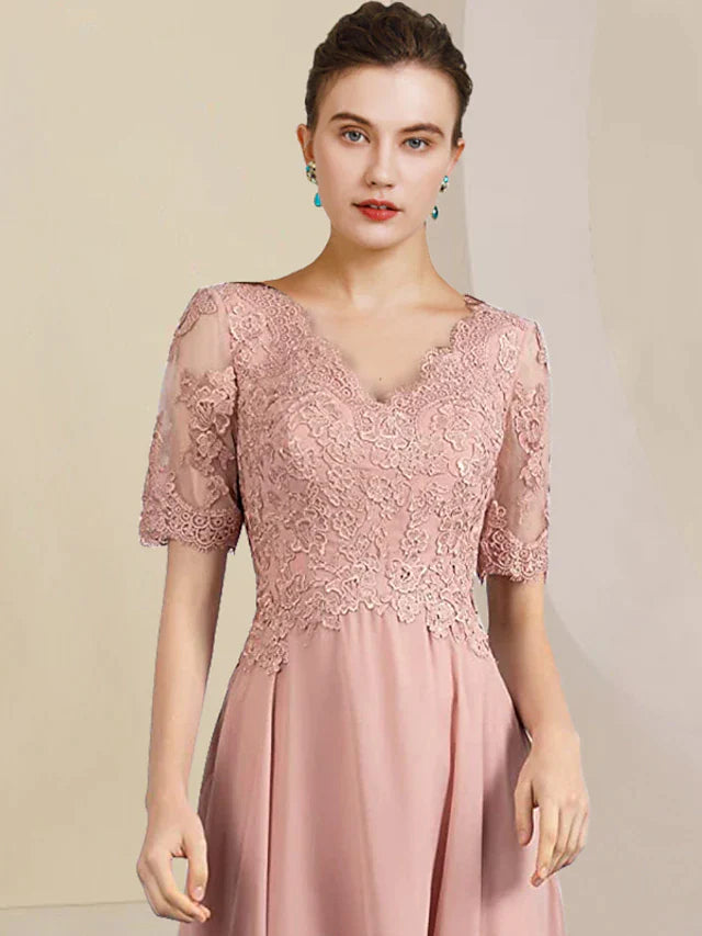 Two Piece A-Line Mother of the Bride Dress Formal Wedding Guest Elegant High Low V Neck Asymmetrical Tea Length Chiffon Lace Short Sleeve Wrap Included with Pleats Appliques