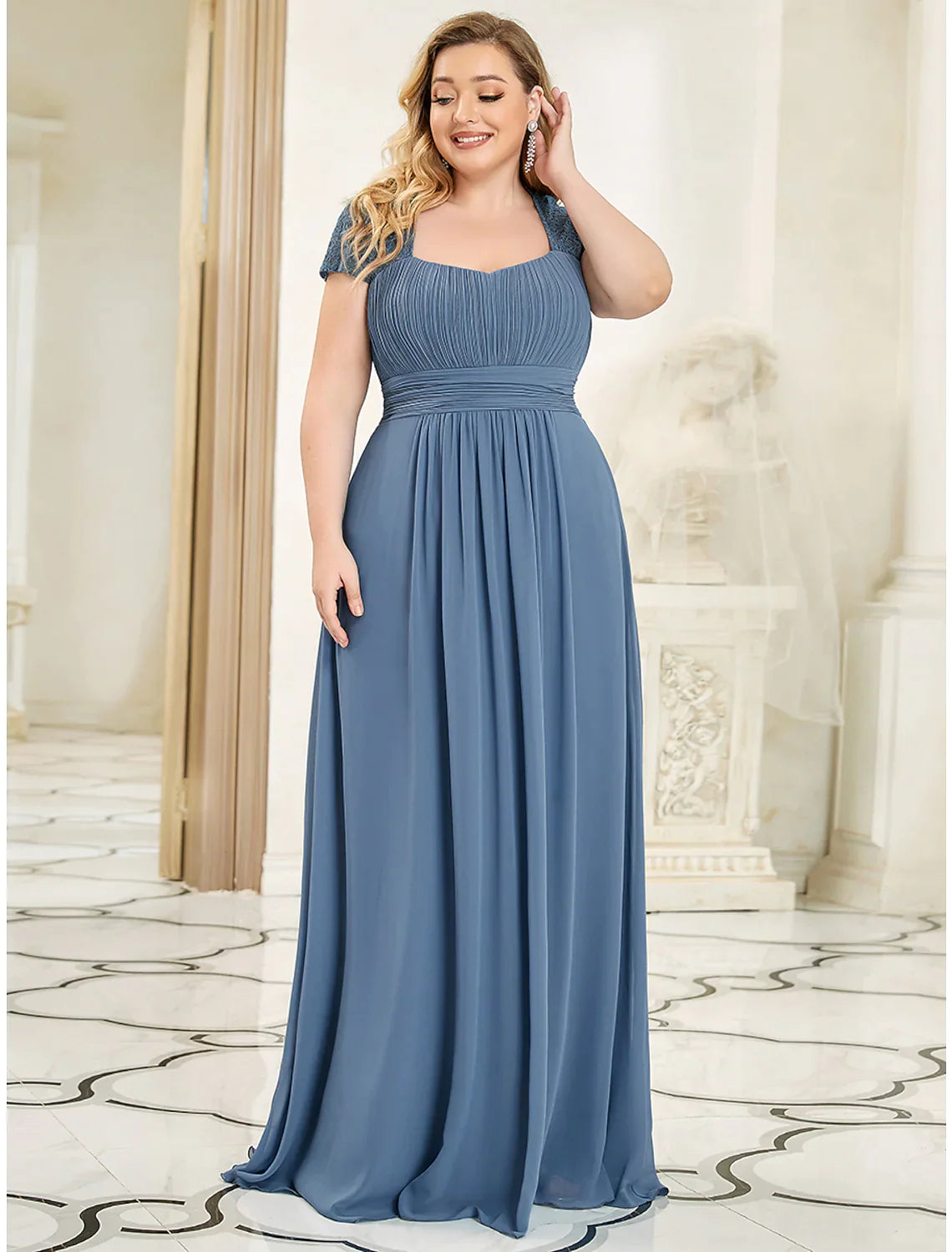 A-Line Evening Gown Plus Size Dress Wedding Guest Floor Length Short Sleeve Chiffon with Ruched