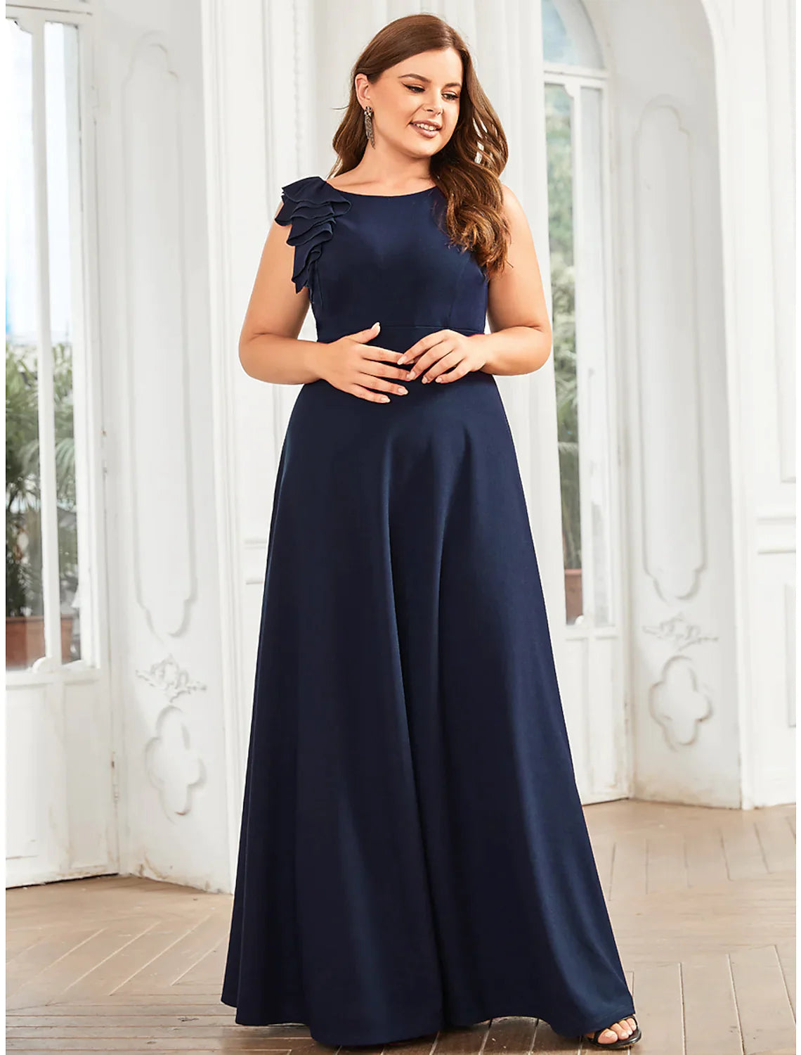 A-Line Evening Gown Plus Size Dress Formal Floor Length Sleeveless with Draping Appliques