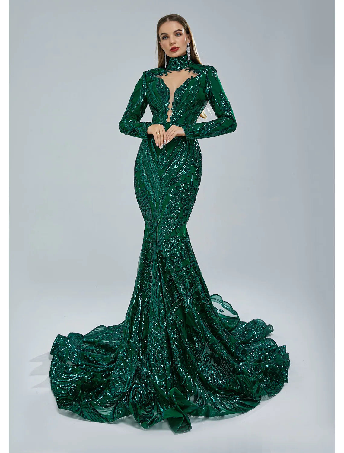 Evening Gown Elegant Dress Engagement Long Sleeve Stand Collar Lace with Sequin