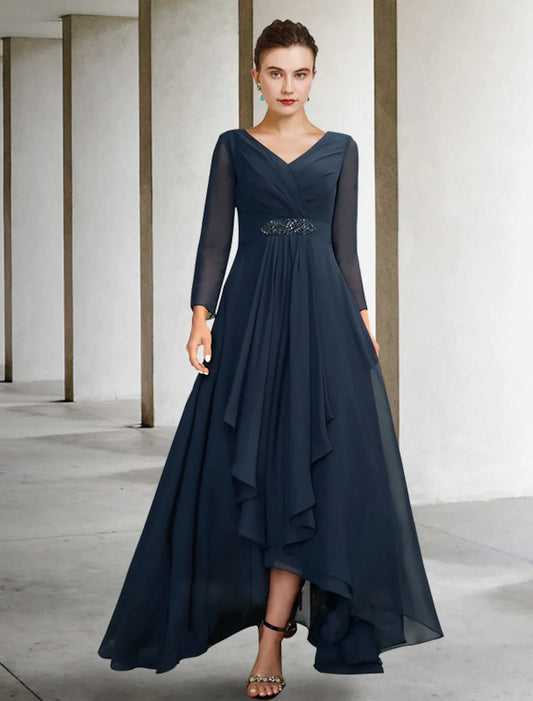 A-Line Mother of the Bride Dress Plus Size Elegant V Neck Asymmetrical Floor Length Chiffon Long Sleeve with Pleats Crystals