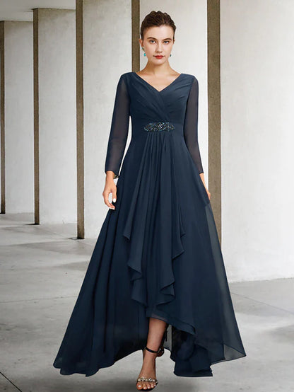A-Line Mother of the Bride Dress Plus Size Elegant High Low V Neck Asymmetrical Floor Length Chiffon Long Sleeve with Pleats Crystals