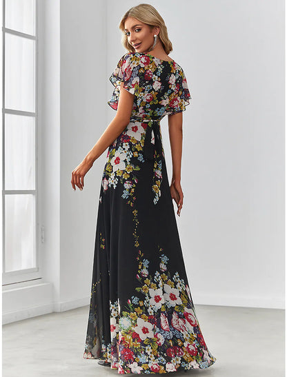 A-Line Evening Gown Elegant Dress Floor Length Short Sleeve V Neck Chiffon with Pattern
