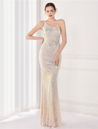 Evening Gown Elegant Dress Wedding Floor Length Sleeveless One Shoulder Sequined V Back with Sequin