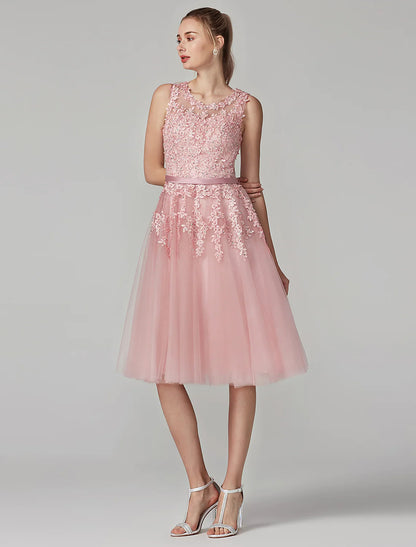 A-Line Cute Dress Cocktail Party Knee Length Sleeveless Illusion Neck Tulle Over Lace with Beading Appliques