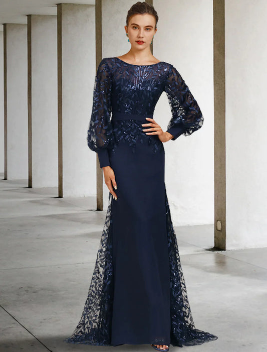 Mother of the Bride Dress Vintage Elegant  Chiffon Lace Long Sleeve with Sequin Ruffles