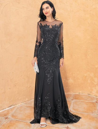 Evening Gown Elegant Dress Formal Long Sleeve Lace Beading Embroidery