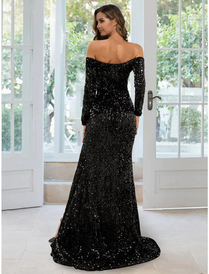 Evening Gown Black Dress Formal Long Sleeve Off Shoulder Sequined