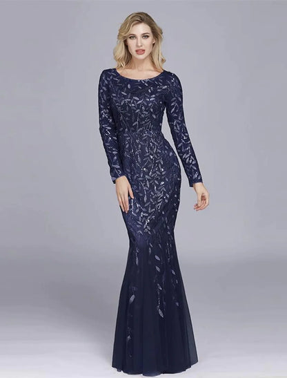Elegant Party Wear Formal Evening Dress Long Sleeve Floor Length Tulle with Embroider