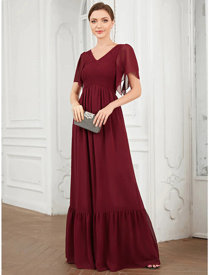 A-Line Prom Dresses Elegant Dress Party Wear Floor Length Short Sleeve V Neck Chiffon with Pleats