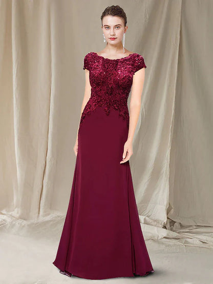 A-Line Mother of the Bride Dress Elegant Jewel Neck Sweep / Brush Train Chiffon Lace Short Sleeve with Appliques
