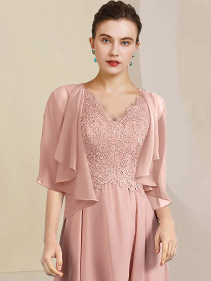 Two Piece A-Line Mother of the Bride Dress Formal Wedding Guest Elegant High Low V Neck Asymmetrical Tea Length Chiffon Lace Short Sleeve Wrap Included with Pleats Appliques