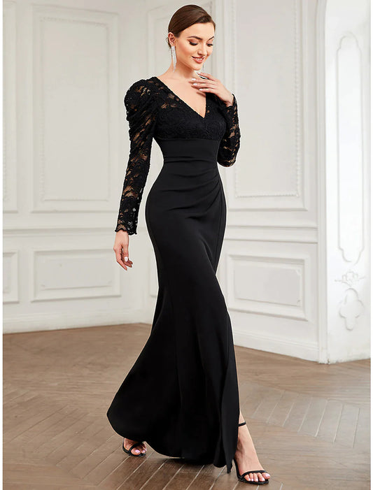 A-Line Evening Gown Vintage Dress Formal Floor Length Long Sleeve V Neck Lace