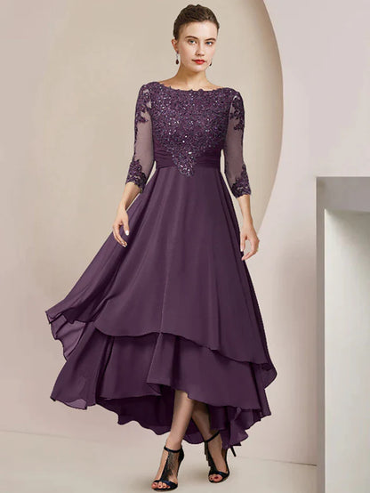 A-Line Mother of the Bride Dress Formal Wedding Guest Elegant High Low Scoop Neck Asymmetrical Tea Length Chiffon Lace 3/4 Length Sleeve with Sequin Tier Appliques