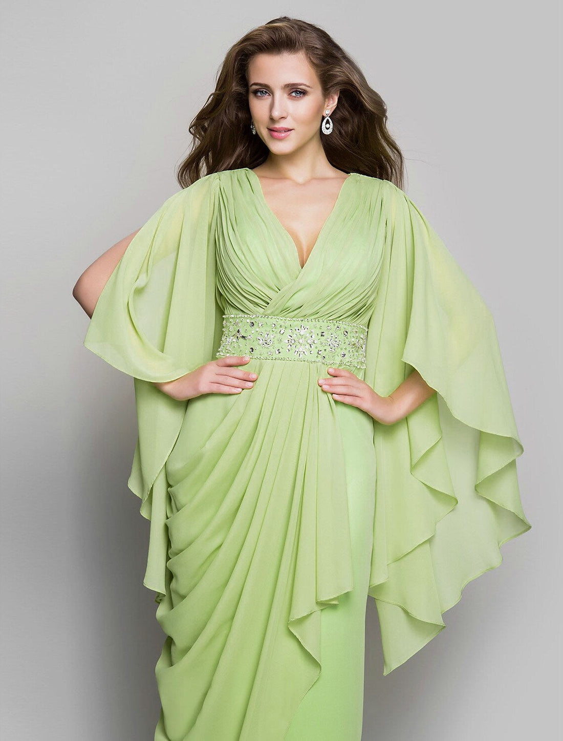 Elegant Dress Wedding Guest Floor Length Long Sleeve V Neck Chiffon V