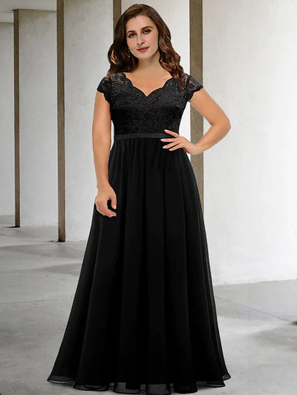 A-Line Plus Size Curve Mother of the Bride Dresses Elegant Dress Formal Floor Length Short Sleeve V Neck Chiffon with Pleats Appliques