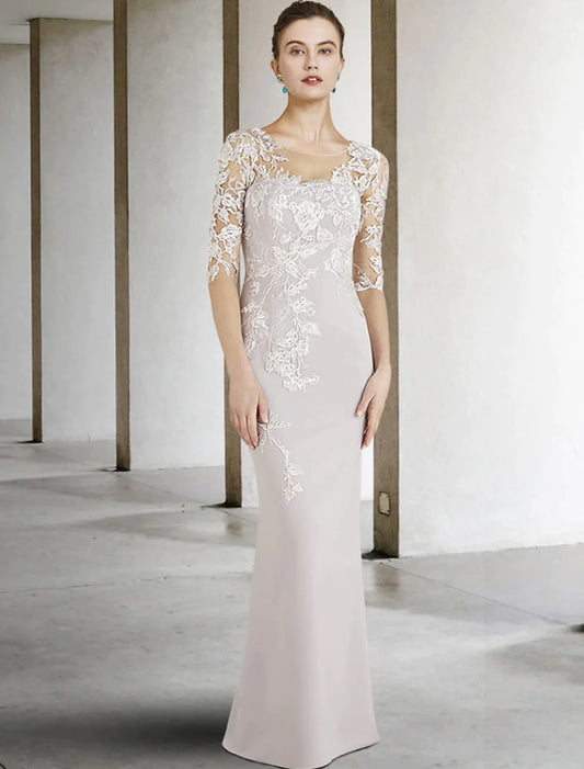 Mother of the Bride Dress Elegant Floor Length Chiffon Lace Half Sleeve with Appliques