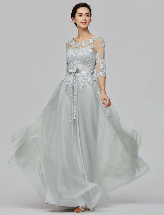 A-Line Dress Wedding Guest Floor Length Half Sleeve Tulle with Bow(s) Appliques