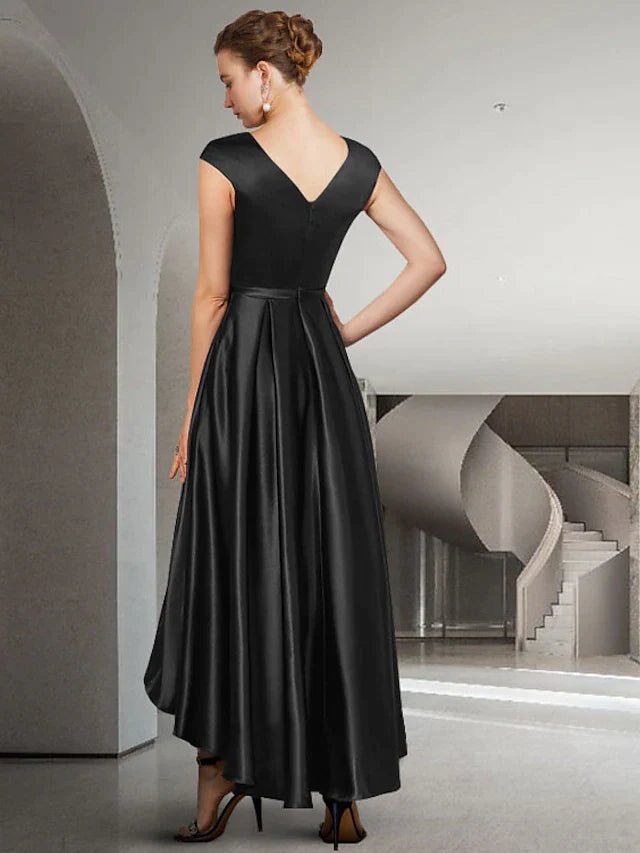 A-Line Mother of the Bride Dress Elegant High Low Jewel Neck Asymmetrical Satin Sleeveless with Bow(s) Pleats