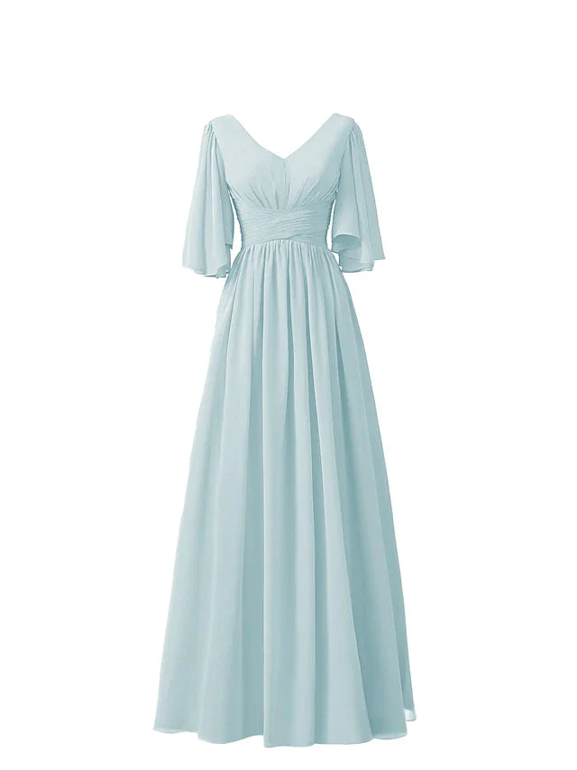 A-Line Bridesmaid Dress V Neck Half Sleeve Elegant Floor Length Chiffon with Pleats / Ruffles