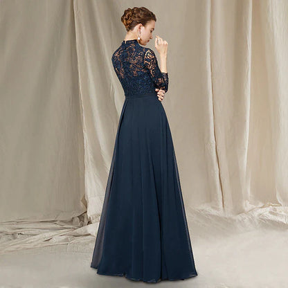 A-Line Mother of the Bride Dress Elegant High Neck Floor Length Chiffon Lace Short Sleeve with Pleats