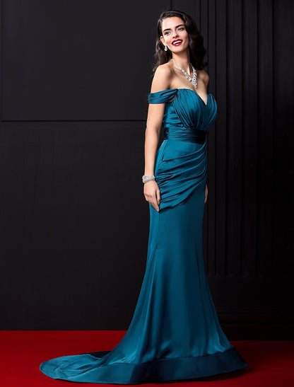 Sexy Evening Dress Engagement Sleeveless Off Shoulder Satin Chiffon with Ruched Draping