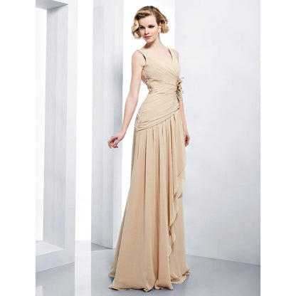 Elegant Dress Formal Evening Floor Length Sleeveless V Neck Chiffon Draping Side Flower