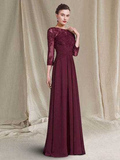 Sheath / Column Mother of the Bride Dress Plus Size Elegant Jewel Neck Floor Length Chiffon Lace 3/4 Length Sleeve with Ruched Appliques