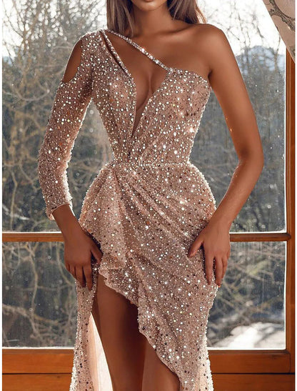 Prom Dresses Sexy Dress Formal Evening Long Sleeve One Shoulder Sequined with