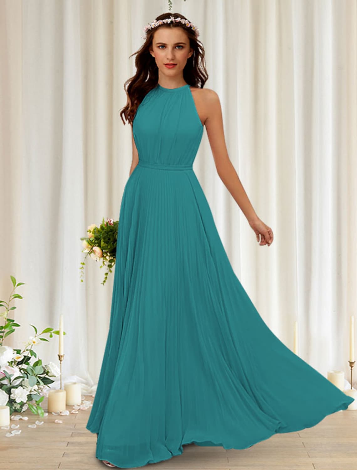 A-Line Bridesmaid Dress Sleeveless Elegant Floor Length Chiffon Lace with Pleats