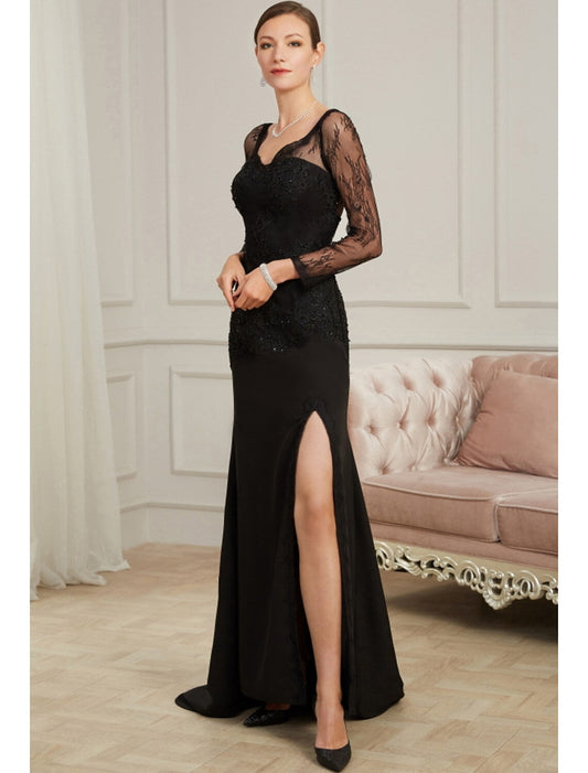 Evening Gown Sexy Dress Party Long Sleeve V Neck Chiffon Beading Slit Appliques