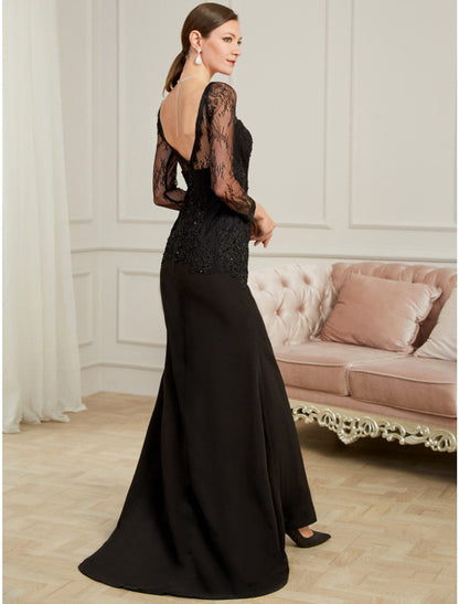 Evening Gown Sexy Dress Party Long Sleeve V Neck Chiffon Beading Slit Appliques