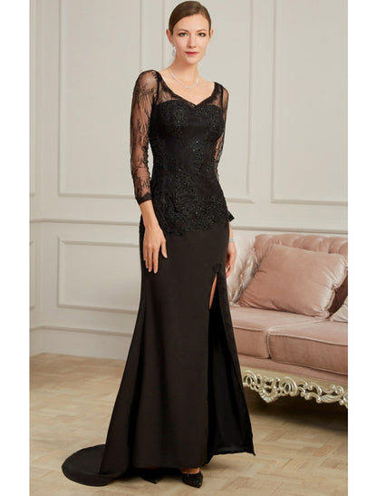 Evening Gown Sexy Dress Party Long Sleeve V Neck Chiffon Beading Slit Appliques