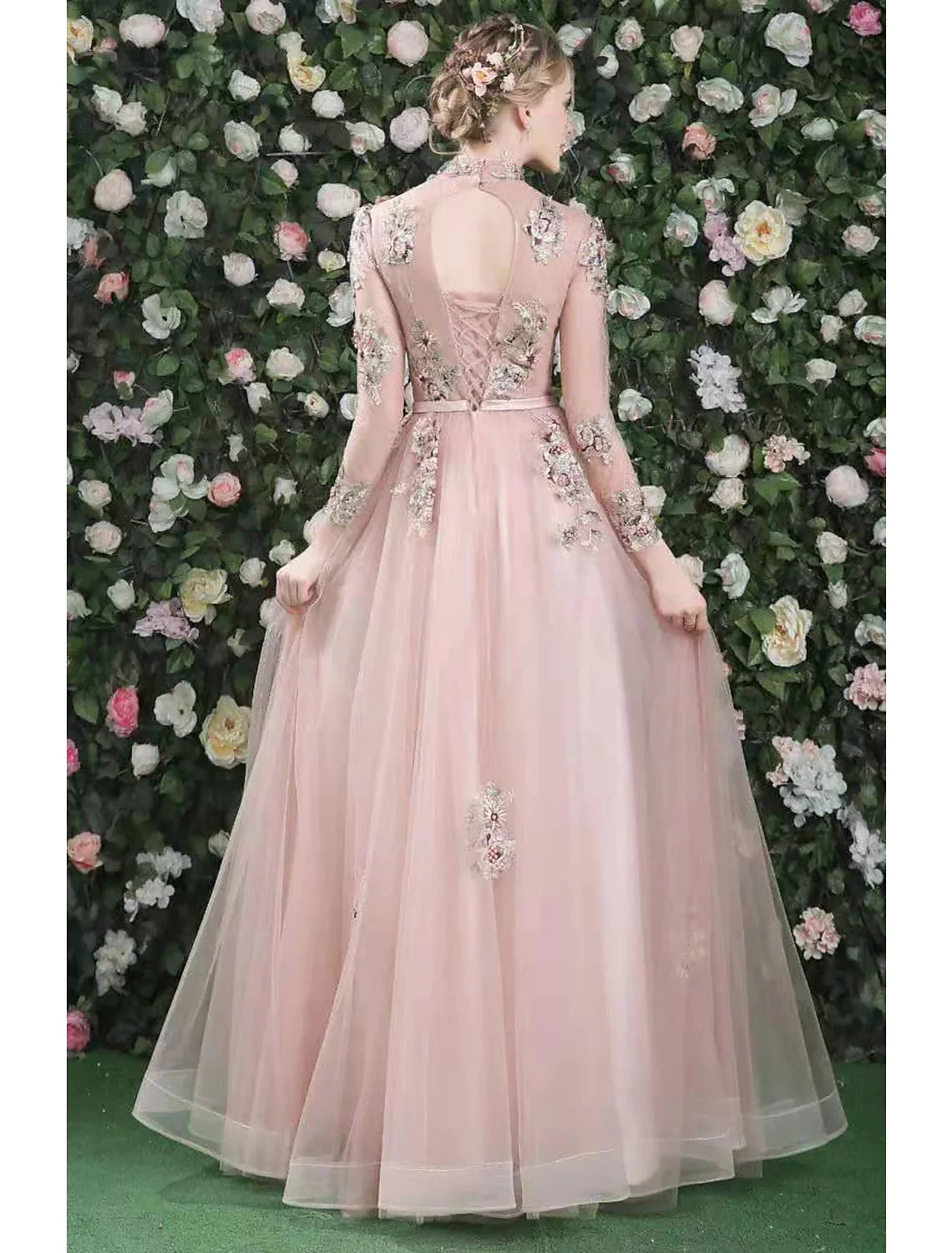 Prom Evening Dress High Neck Long Sleeve Floor Length Embroider