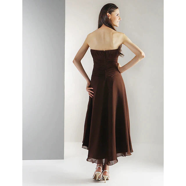 Ball Gown / A-Line Bridesmaid Dress Strapless Sleeveless Open Back Asymmetrical / Tea Length Chiffon with Ruched / Draping