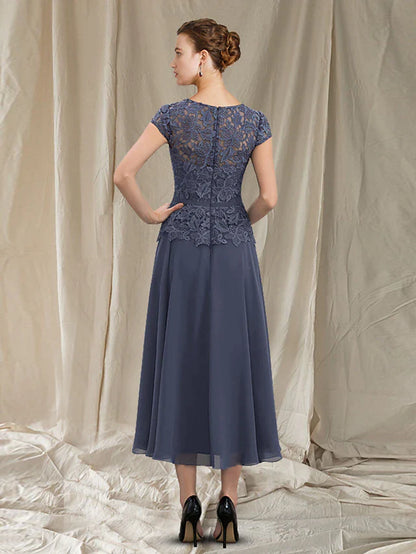 A-Line Mother of the Bride Dress Elegant Jewel Neck Tea Length Chiffon Lace Short Sleeve with Pleats Appliques