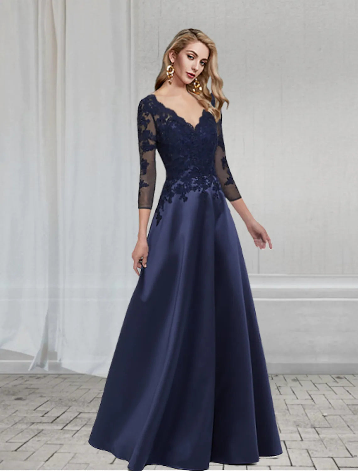 A-Line Elegant Wedding Formal Evening Dress V Neck Length Sleeve Floor Length Chiffon with Appliques