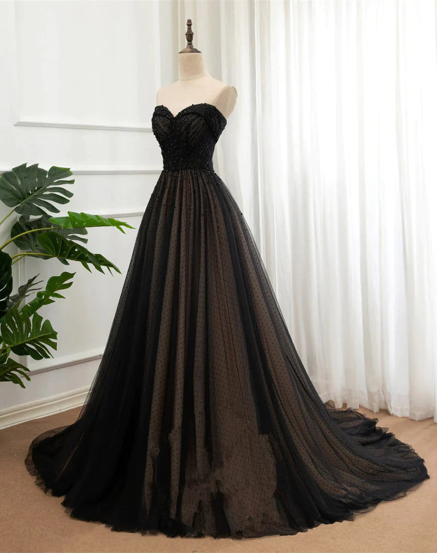 Black Tulle Sweetheart A-line Formal Dress with Lace, Black Long Prom Dress