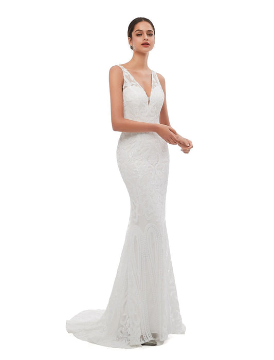 Evening Gown Celebrity Style Dress Engagement Sleeveless V Neck Sequined with Embroider