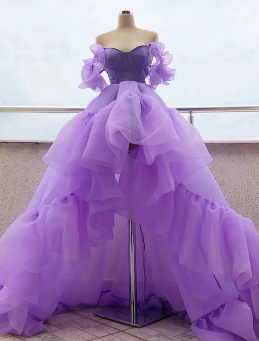 A-Line Prom Dresses Asymmetrical Purple Short Sleeve Off Shoulder Tulle with Tier