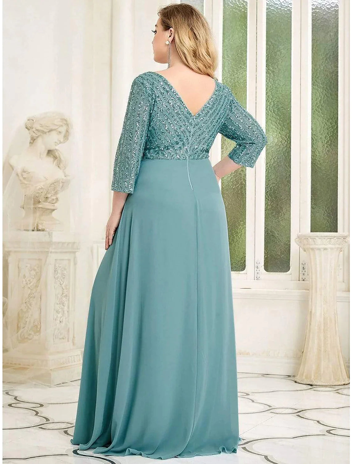A-Line Evening Gown Plus Size Dress Wedding Guest Floor Length  Length Sleeve V Neck Chiffon V Back with Sequin